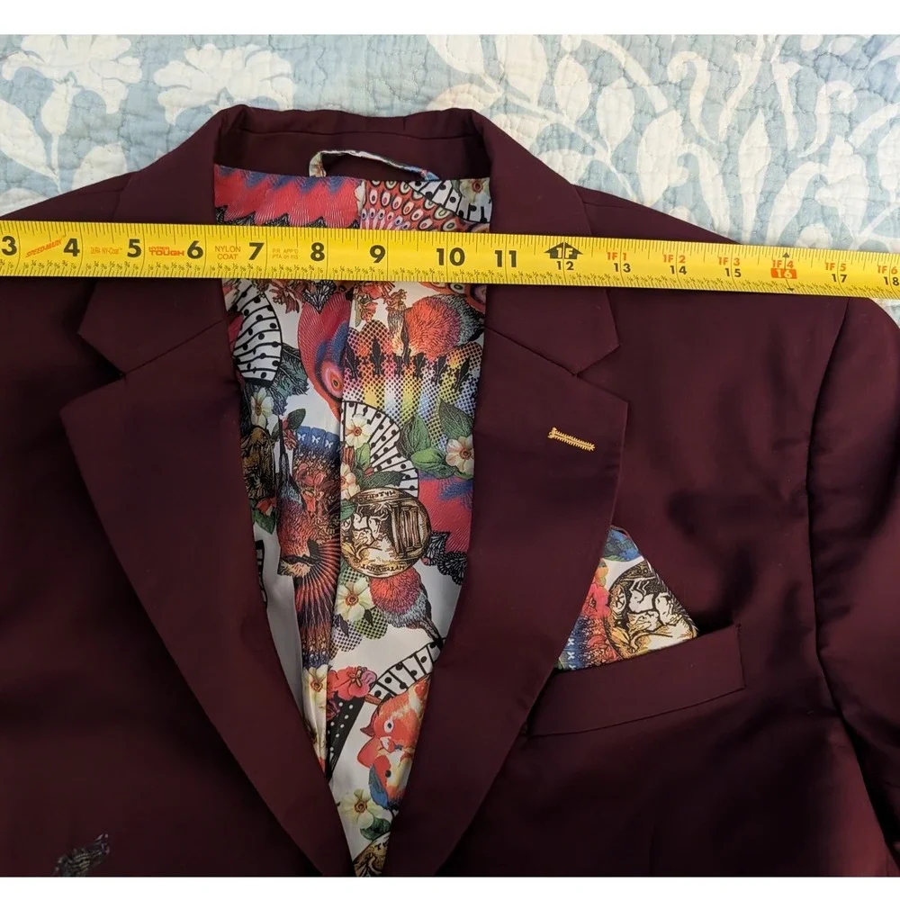 St Patrick Mens Burgundy‎ Blazer Jacket Graphic Lining Pocket Square Size M